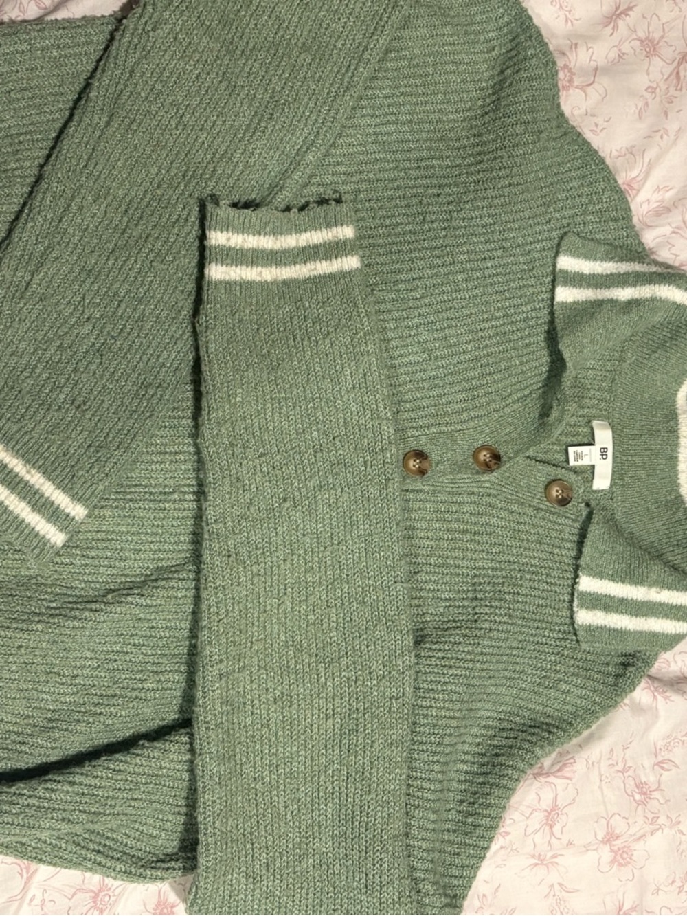 bp Sage Green Knit Cardigan with White Stripes